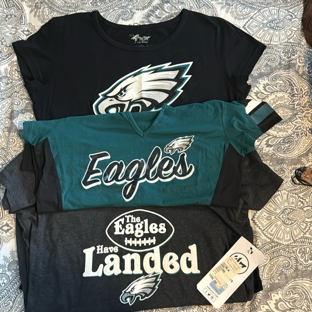 Three Philadelphia Eagles T-shirts and hat
